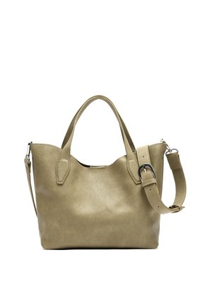 Jasnooliwkowa skórzana torba na ramię z dwoma górnymi uchwytami oraz odpinanym paskiem na ramię z srebrną klamrą i zapięciem.