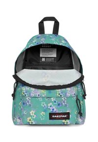 Zaino con motivo floreale in verde menta, dotato di manico superiore, spallacci regolabili, chiusura con zip e un ampio interno foderato.