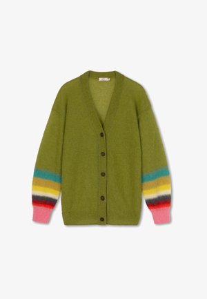 Groene cardigan met een V-hals, voorzien van bruine knopen en meerkleurige gestreepte mouwen in rood, geel, blauw en grijze tinten.