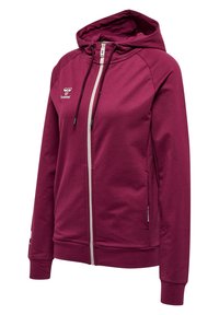 Bordeauxfarbener Zip-Hoodie mit Kordelzugkapuze, kontrastierendem Reißverschluss und gerippten Bündchen. Mit Markenlogo auf der oberen linken Brust und seitlichen Taschen.