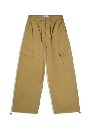 Khaki wide-leg cargo pants with drawstring waist, side flap pockets, and adjustable ankle cords, laid flat on a white background.