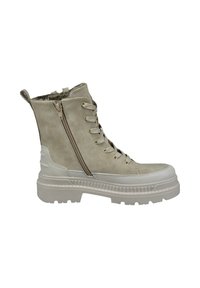 Botas de tobillo beige con cordones y cremallera lateral, parte superior de ante texturizado, suela de goma y puntera reforzada. Cuenta con un cuello acolchado.