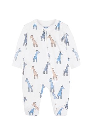 Biały niemowlęcy body z długimi rękawami i nogawkami, z nadrukiem niebieskich i beżowych żyraf pokrytych groszkami, z zamkiem błyskawicznym z przodu.