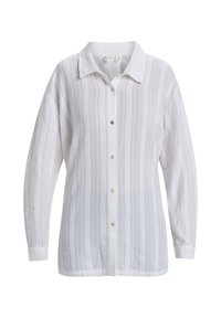 White button-up shirt with a collar, textured fabric featuring thin vertical stripes, and clear button closures. Long sleeves with relaxed fit.