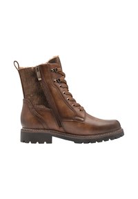 Bottines en cuir marron avec un trim en fourrure, bout rond, fermeture à lacets à l'avant, détail de zip et semelle robuste. Présente un panneau en daim texturé sur les côtés.