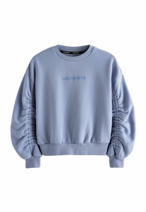 Jasnoniebieski sweter z okrągłym dekoltem, bufkami na rękawach, marszczonymi bocznymi detalami oraz haftowanym logo "ALLSAINTS" na przodzie.