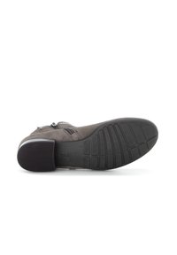 Gray suede boot with a low heel, side zipper, and textured rubber sole featuring a pattern of horizontal and vertical lines.