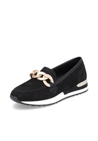 Schwarzer Wildleder-Slipper mit einem goldenen Kettenakzent, weißer Zwischensohle und strukturiertem schwarzen Gummi-Außensohle. Rundkopf- und flach-Design.