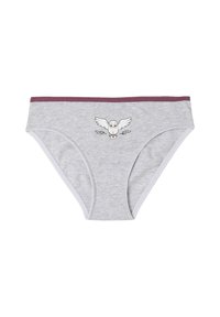 Graue Baumwolldamenunterwäsche mit einem kastanienbraunen elastischen Bund. Mit einem bedruckten Eulenmotiv in der Mitte. Weicher, dehnbarer Stoff.