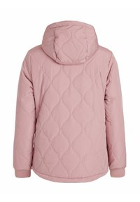 Gequilte roze pufferjack met capuchon. Heeft een golvend stikpatroon en ribgebreide manchetten. Zachte textuur en lichtgewicht ontwerp.