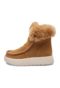 Stivaletti alla caviglia in suède beige con colletto in pelliccia sintetica, punta tonda e cuciture decorative; presentano una suola in gomma bianca per una maggiore aderenza.