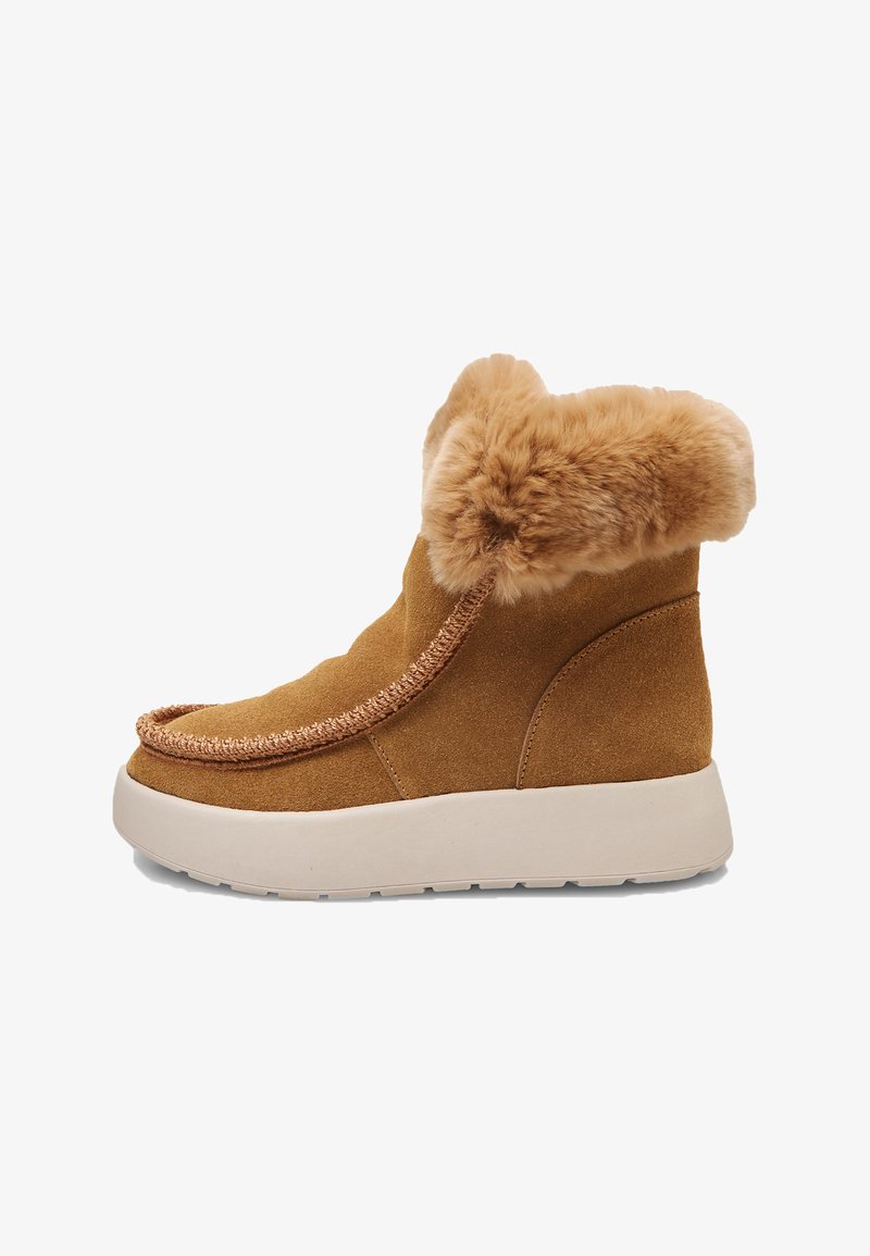 Tan suede ankle boots with faux fur collar, round toe, and decorative stitching; features a white rubber sole for added grip.