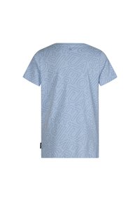 Jasnoniebieska bawełniana koszulka z krótkim rękawem, z powtarzającym się wzorem tekstowym w różnych rozmiarach i odcieniach niebieskiego, rozsianym po tkaninie.