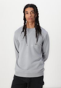 Lysegrå sweatshirt med lange ærmer, ribbede manchetter og nederkant. Har broderet tekst "SAN BERNARDINO CALI." Blød stofstruktur.