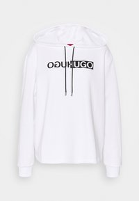 Felpa bianca con cappuccio e lacci neri, con il logo "HUGO" centrato sul petto inveritito in bianco e nero.