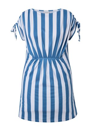 Vestito corto a righe verticali blu e bianche con maniche corte annodate alle estremità e vita stretta.