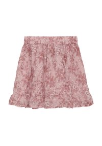 Blommönstrad, lager-på-lager kjol i mjuk rosa tyg med elastisk midja och volang i nederkant. Lätt och luftig design.