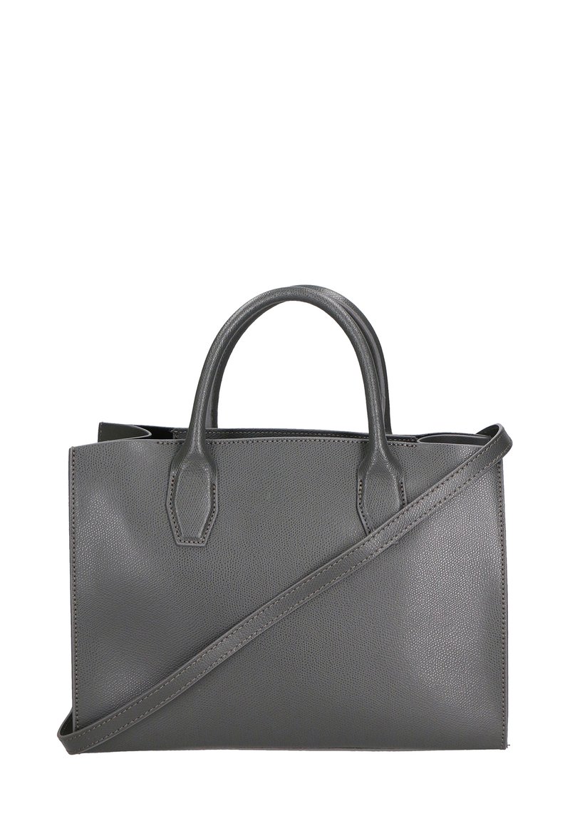 Grijze leren handtas met een gestructureerde afwerking, dubbele bovenhandvatten en een afneembare schouderriem. Rechthoekige vorm met minimale hardware.