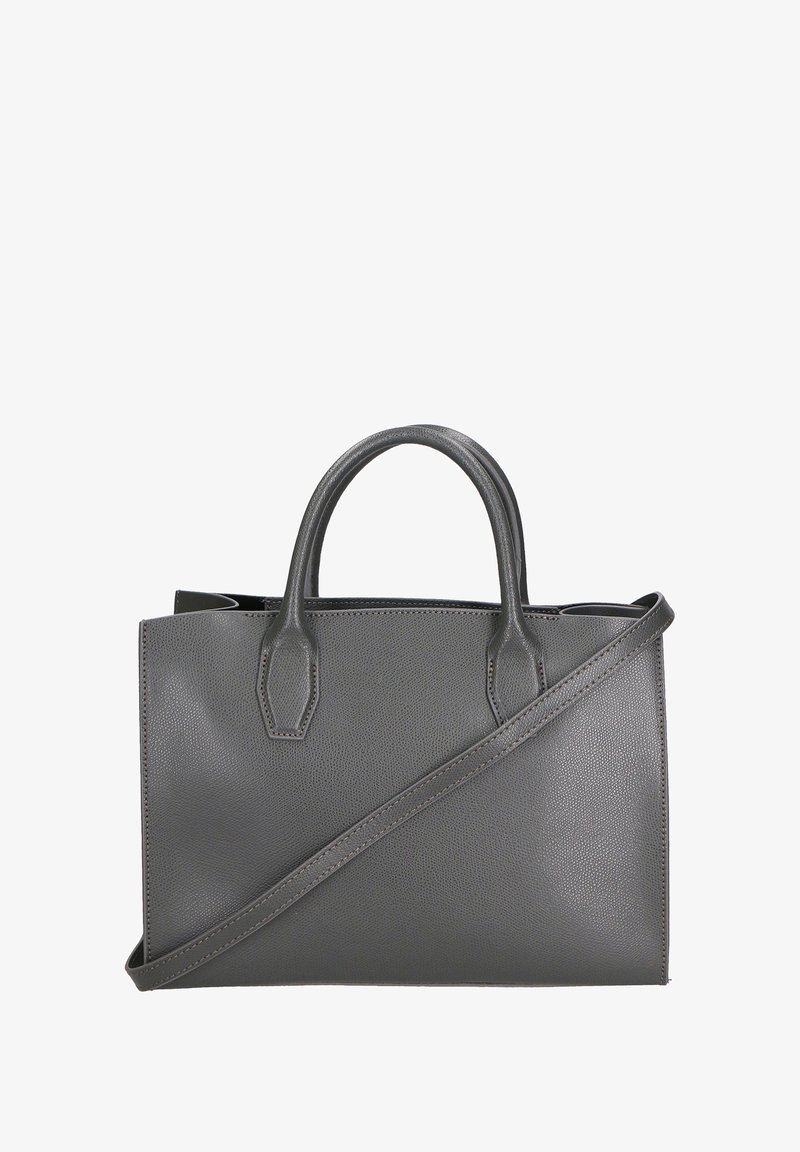 Grijze leren handtas met een gestructureerde afwerking, dubbele bovenhandvatten en een afneembare schouderriem. Rechthoekige vorm met minimale hardware.
