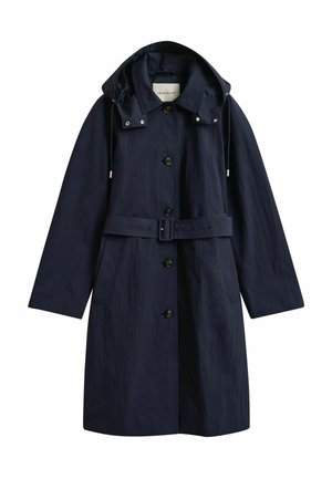 Imperméable mi-long bleu marine avec fermeture à boutons, capuche réglable, ceinture à la taille et deux poches avant.