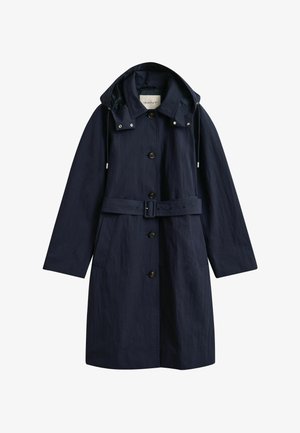 Marineblauer, mittellanger Regenmantel mit Knopfverschluss, verstellbarer Kapuze, Gürtel in der Taille und zwei Fronttaschen.