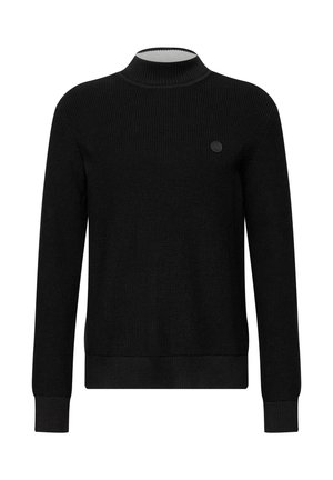 Maglione a coste nero con collo alto, maniche lunghe e un piccolo logo rotondo sul petto. Tessuto morbido, silhouette aderente.