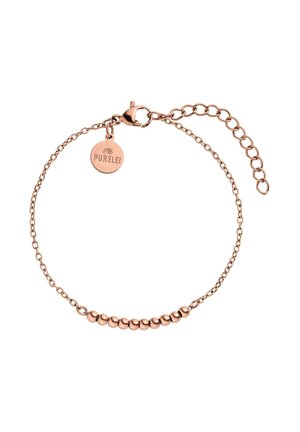 Roségold-Armband mit kleinen runden Perlen und Karabinerverschluss, mit einer runden Plakette, graviert mit "PURELEI".