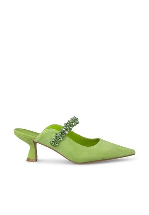 Groene suède slingback schoen met een puntige neus, een kleine hak en een decoratieve strassband over de bovenkant. Fel limoen kleurige binnenvoering.