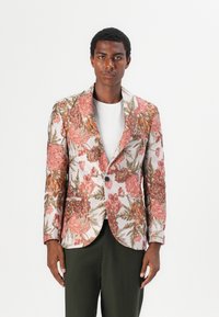Blazer mit Blumenmuster in den Farben Pink und Grün, aus strukturiertem Stoff gefertigt, mit einem Ein-Knopf-Verschluss und zwei Vorderaschen.