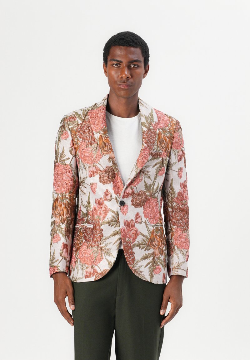 Blazer mit Blumenmuster in den Farben Pink und Grün, aus strukturiertem Stoff gefertigt, mit einem Ein-Knopf-Verschluss und zwei Vorderaschen.