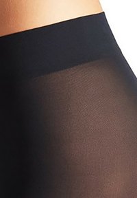 Black opaque tights with a smooth texture, featuring a wide, soft waistband and seamless design for comfort and fit.