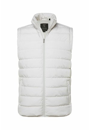 Hvid ærmeløs dunvest med vandret kviltning, frontlynlås, opretstående krave og sidelommer.