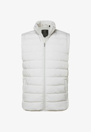 Weiße ärmellose Steppweste mit horizontaler Steppung, Frontreißverschluss, Stehkragen und Seitentaschen.