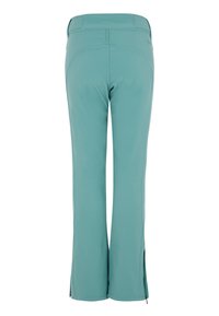 Turquoise sportbroek met een gladde textuur, voorzien van een brede tailleband en zijritsen bij de enkel voor een verstelbare pasvorm.