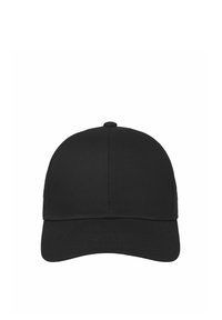 Căciulă de baseball neagră cu o textură de stofă netedă, vârf rigid și o coroană rotunjită. Prezintă un buton superior și fără logo-uri sau accente vizibile.