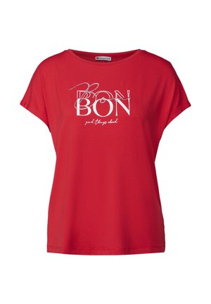 Rotes kurzärmliges T-Shirt aus einer weichen Baumwollmischung. Mit einem weißen und silbernen Grafikdruck, der "BON" mit geschwungenen Akzenten zeigt. Breiter Ausschnitt.