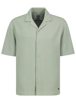 Light green short-sleeve button-up shirt with a camp collar and subtle ribbed texture, size medium, branded "Sublevel" on the collar and hem.