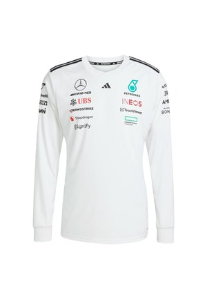 Long-sleeve white shirt with black accents. Features logos including Mercedes, Petronas, and TeamViewer. V-neck design, made of smooth fabric.