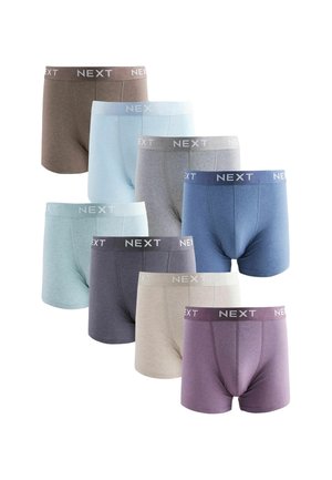Ensemble de huit boxers en coton de couleurs variées, incluant du marron, du bleu clair, du gris et du violet. Présente une taille élastique avec le logo NEXT.