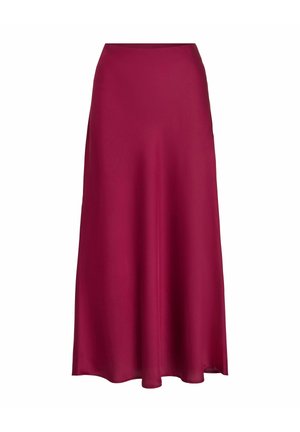 Langer, fließender Rock aus tief burgunderrotem Satin. Verfügt über eine hohe Taille und eine glatte Textur, mit einem Saum, der sanft nach außen ausgestellt ist.