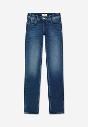 Donkerblauwe rechte jeans van denim, met vijf zakken, zichtbare stiksels en een knoopsluiting bij de taille.