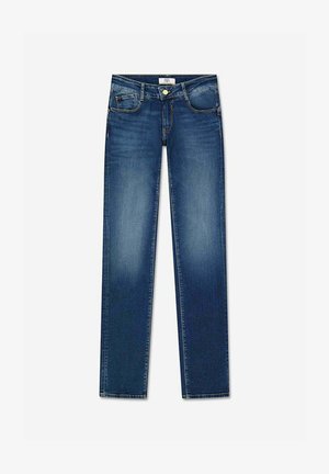 Donkerblauwe rechte jeans van denim, met vijf zakken, zichtbare stiksels en een knoopsluiting bij de taille.