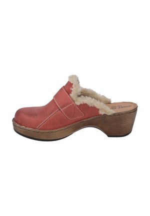 Red leather clog shoe with a cushioned sheep wool lining, wooden heel, and white stitching details. Curved shape with an open back.