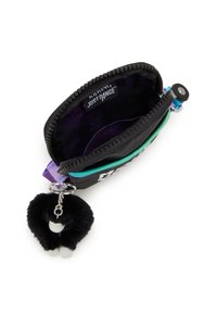 Fodero nero con zip e fodera interna multicolore, dotato di un portachiavi pom-pom nero soffice. Testo impresso: "Just Dance."