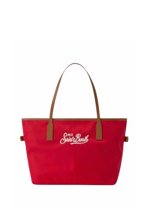 Sac cabas rouge avec poignées marron et logo blanc "MC2 Saint Barth" centré sur le devant.