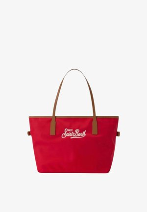 Sac cabas rouge avec poignées marron et logo blanc "MC2 Saint Barth" centré sur le devant.