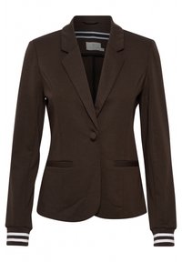 Tummanruskea räätälöity bleiseri, jossa on nuppineulat, yksittäinen napitus, kaksi etutaskua ja raidoitetut ribbikuvioidut hihansuut pitkillä hihoilla.