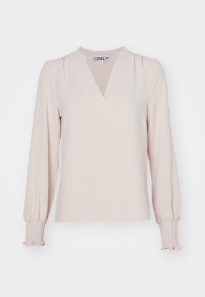 Blusa em tom blush de manga longa com decote em V, ombros franzidos e punhos com elástico, feita de tecido leve. Design simples e elegante.