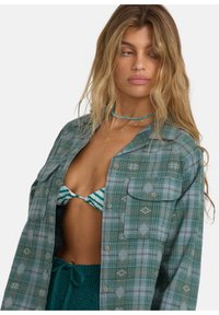 Groen geruit overhemd met knoopsluiting en twee borstzakken, gedragen over een turquoise en witte gestreepte bikini. Gebreide teal shorts met touwtje.