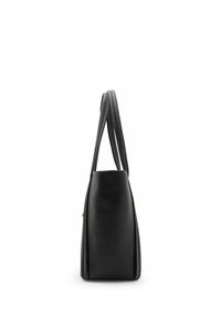 Sac à main en cuir noir avec une surface texturée, design élancé, doubles poignées et base rectangulaire. La vue latérale met en valeur la forme structurée du sac.